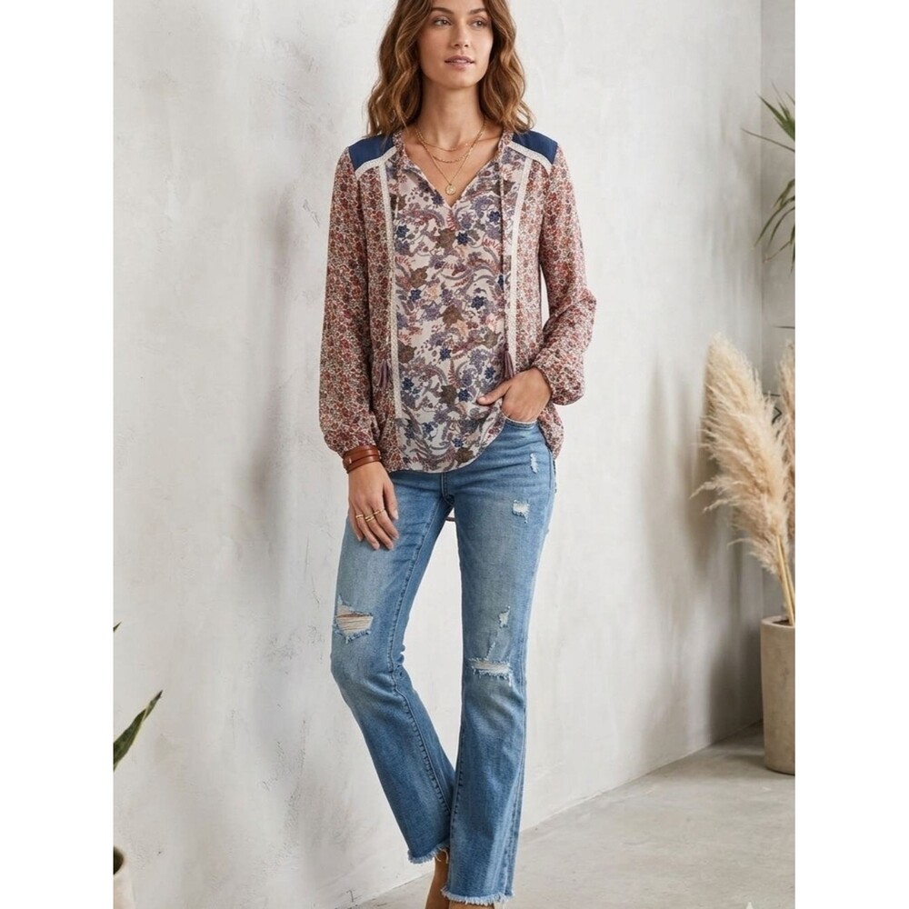 Knox Rose Floral Paisley V-Neck Top in Navy, Red, Mustard